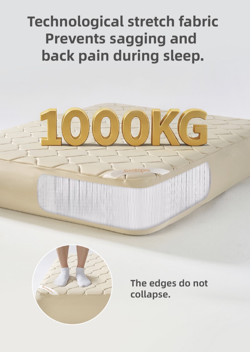 Samtopia TPU inflatable mattress load capacity test showing 1,500 kg support with drop-stitch construction